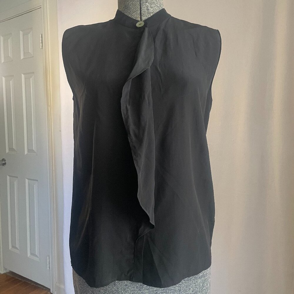 Vince black silk flutter ruffle front sleeveless blouse